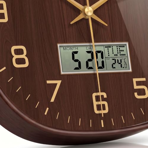 Image of STAR WORK 12 inch Inch Square Silent Non-Ticking Quartz Movement Wall Clock with Analog & Digital Display | Easy-to-Read Numbers | Modern Design for Living Room, Bedroom or Office (Walnut - Gold Digital)