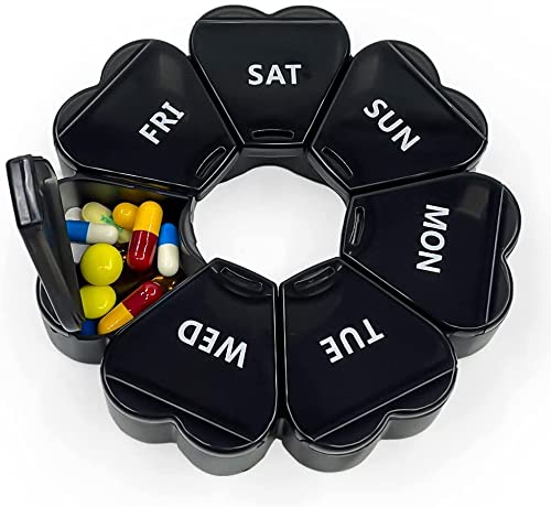 Portable Weekly Pill Box Organiser, Travel Pill Box with snap lid Design Easy to Open, Pill Box Organiser for Vitamins, Supplements and Medication (Black)