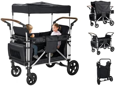 Stroller Wagon for 2 Kids, Cart Featuring 2 High Seat with 5-Point Harnesses and Adjustable Canopy, Foldable Double Push Bar for Garden