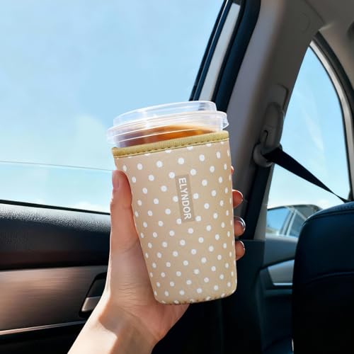 Image of Reusable Insulated Sleeve for Iced Coffee Cup, 3-Pack Coffee Neoprene Drink Sleeve for Cold & Hot Drinks, Beverage Holder for Iced Coffee (Beige Polka Dots)