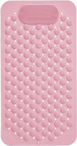 Image of VHKD PVC Bathroom Door Bath mat Anti Slip Skid with Foot Scrubber for Room Shower Suction Cups Drain Holes Silicone Floor mat Rectangle (Pink)