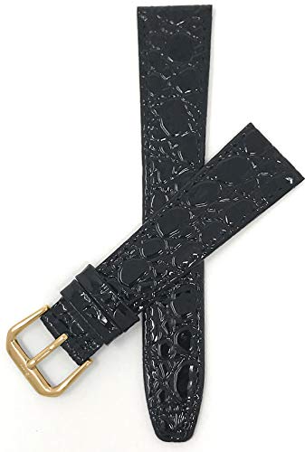 Bandini 18mm Italian Leather Watch Band Strap - Black - Crocodile Pattern - Slim - Gold Buckle