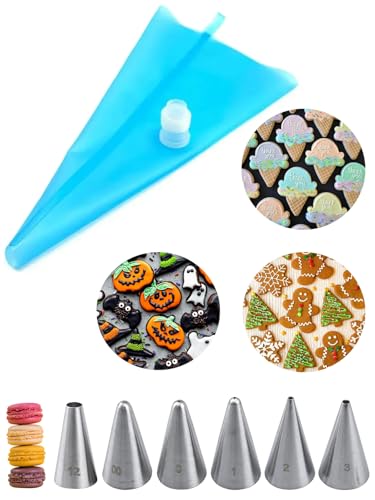 Royal Icing Piping Bags And Tips Set With 6 Small Piping Tip For Writing,Sugar Cookie Decorating,Macarons,1 Reusable Icing Bag & Coupler