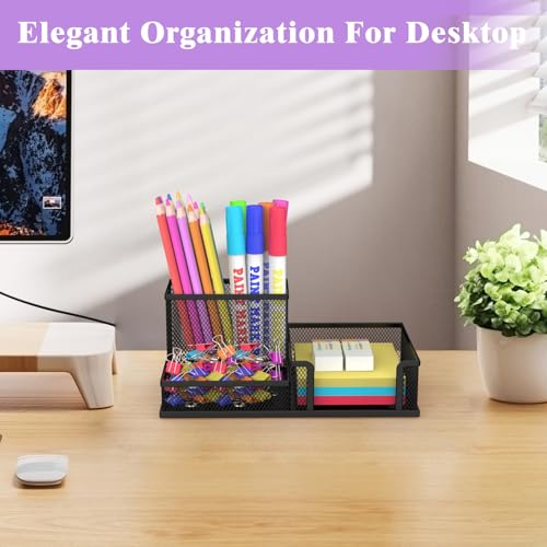 SUPEASY Mesh Pen Holder Desk Organizer, Office Supplies Pencil Storage with 3 Compartments, Office Desk Accessories and Workspace Organizers for Home School, Black image 3
