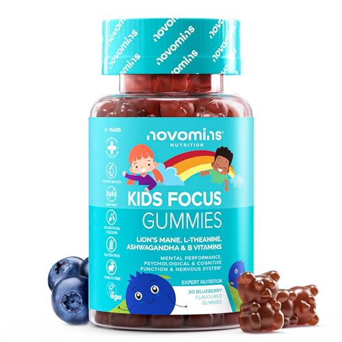 Kids Focus Gummies Nootropic High Strength Brain Supplement for Children 9 Focus Energy Positive Mood Vitamins Lions Mane Ginseng B12 Iodine Vegan - by Novomins