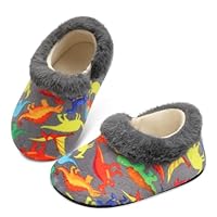 JIASUQI Kids Winter Fuzzy Slippers Toddler Slip on House Shoes Warm Lightweight House Slippers for Boys Girls(Pagreydinosaur 24-25,UK Size 6-6.5)