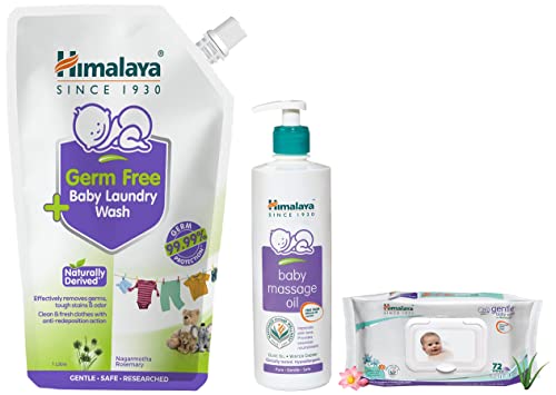 Image of Himalaya Germ Free Baby Laundry Wash 1 L Pouch, White, (7004801) & Himalaya Face Body Oil Baby Massage Oil For All Skin Types (500 ML) & Gentle Baby Wipes, 72 Wipes