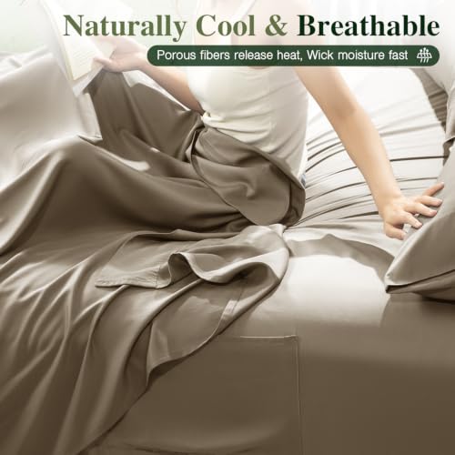 Image of 100% Organically Grown Bamboo Viscose King Sheet Set with Pockets on Side | Hotel Luxury Bed Sheets Set, Deep Pocket Up to 16 Inches, Ultra Soft Cooling Sheets 4pcs (Taupe)