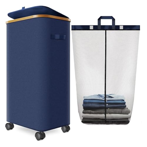 Image of Laundry Hamper with Wheels, 110L Large Clothes Hamper with Removable Inner Bag, Collapsible Dirty Clothes Basket for Dorm, Rolling Dirty Clothes Basket for, Bedroom, Bathroom, Laundry Room