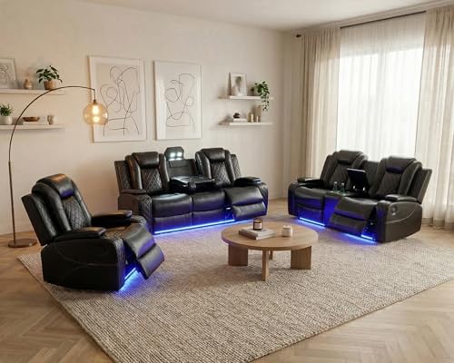 Consejos para Comprar Sala Piel del mes. 41 Juego de sofá reclinable de piel con LED, Plithzy, juego de muebles de sala de estar, sofá reclinable de piel con puerto USB y almacenamiento de brazo oculto, negro, 83x40x38,...