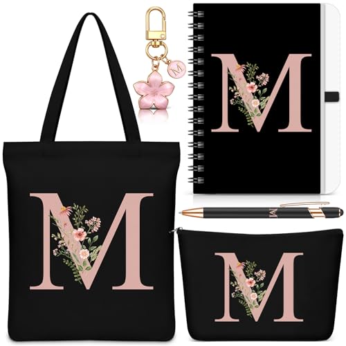 Talltalk 5 Pcs Personalized Women Gifts Initial Tote Bag Personalized Tote Bags Graduation Gifts for Women(Black Letter M)