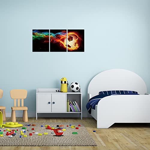 Sport Boy Room Wall Art Multicolor Flame Soccer Artwork Canvas Poster Print For Playroom Wall Decor Framed Colorful Football Picture Dormitory Nursery Kids Room Décoration 12X16Inch #TOP1