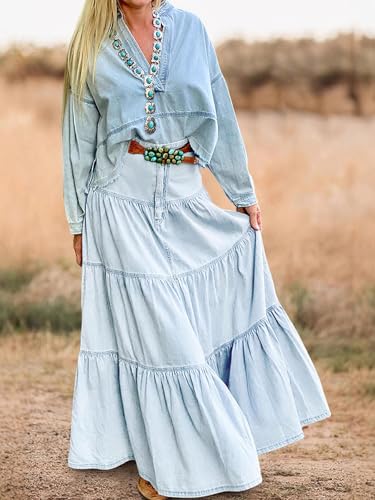 ebossy Tiered Flared Long Jean Skirts for Women Denim Ruffle Pleated High Waist Maxi Cascading Skirts with Pockets2