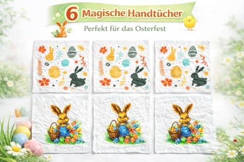 KAMACA 6er Set Magische Zauberhandtücher zu Ostern – Ostereier-Form entfaltet Sich im Wasser zu 30x30 cm – Faszinierendes Erlebnis-Geschenk für Kinder – Zuckerfreies Mitgebsel für das Osternest
