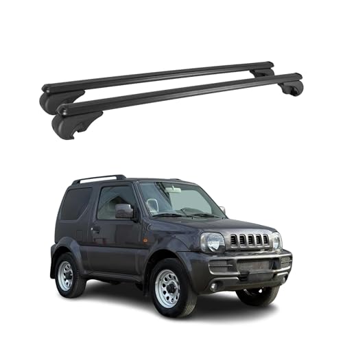 Portapacchi base compatibile con Suzuki Jimny mk3 1998-2018 in alluminio, 75 kg, nero, 2 pezzi, con binario aperto per portabicicli, scatole per tetto, portasci, con serratura