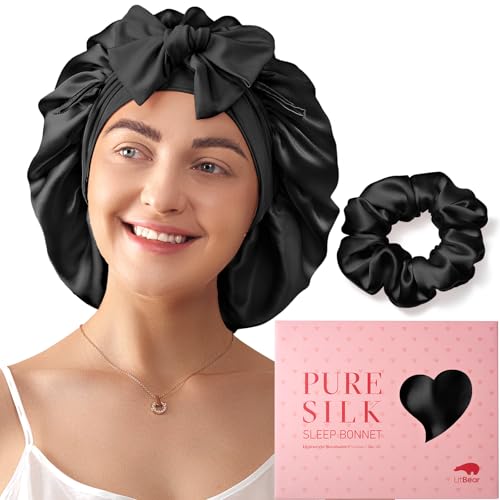 LitBear 100% Mulberry Silk Bonnet for Sleeping Women, 6A 22 Momme, Large Double-Layer Silk Hair Wrap...