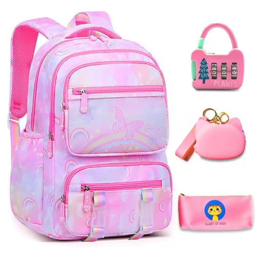 Girl schoolbag.Teenage Middle School Students Bookbag Big Student Laptop Backpack For College Women Middle High School Teen Girls Bookbag Travel Daypack(pencil case password lock wallet)(pink)