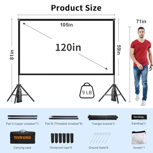 Image of TOWOND Projector Screen with Stand,120 inches Indoor Projector Screen Outdoor Portable 16:9 4K HD Rear Front Projection Movie Screen with Carry Bag Wrinkle-Free Design for Backyard Theater
