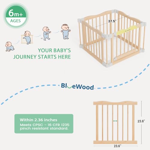 Image of Foldable Wooden Playpen, Natural Pine, 30 x 30 x 24 inches