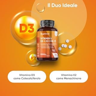 Vitamina D3 K2, 1 Compressa al Giorno, 2000UI di Colecalciferolo, 200μg di Menachinone, La Vitamina K Contribuisce al Mantenimento di Ossa Normali (EFSA), 365 Compresse (Per 1 Anno), Senza Glutine
