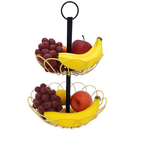 Image of 2 Tier Fruit Basket for Dining Table | Metal Wire Storage Basket Stand for Fruits, Vegetables, Snacks & Bread | Multipurpose Kitchen Countertop Organizer with Handle | Gold & Black