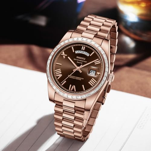 Image of NIBOSI Watches for Men Analog Quartz Diamond Bezel Stainless Steel Dial Rose Gold Silver Mens Watch Waterproof Business Classic Dress Wrist Watch with Day Date