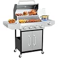 Llamaviva 4 Burner Gas Grill with Side Burner 60000 BTU Propane Flat Top Grill Stainless Steel Outdoor BBQ Grill Portable with Wheels for Patio Camping