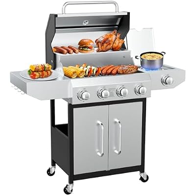 Llamaviva 4 Burner Gas Grill with Side Burner 60000 BTU Propane Flat Top Grill Stainless Steel Outdoor BBQ Grill Portable with Wheels for Patio Camping