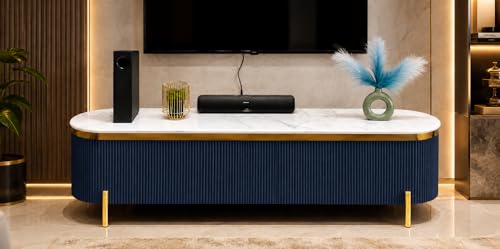 Image of Mazzo Modern TV Unit /Console - 70 inchx12 inchx18 inch White Marble Top with Golden Acrylic, Waterproof Plywood & Charcoal Louvers - Media Cabinet | Modern TV Stand Console Without Storage (Blue)