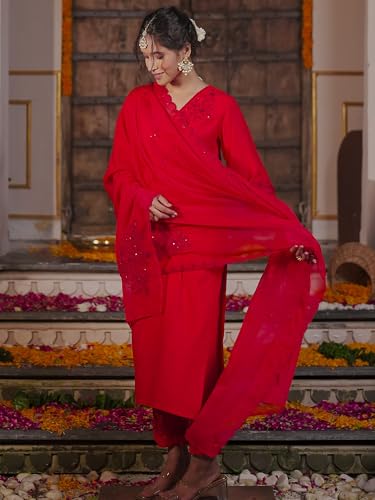 Image of INDO ERA Women's Embroidered Viscose Rayon Straight Kurta Pant with Dupatta Set