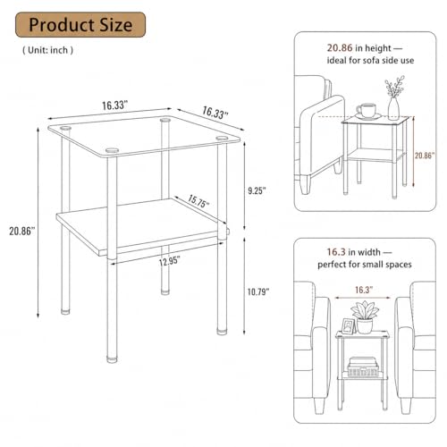 Image of Small Side Table Set of 2, Square Glass End Table with Clear Tempered Glass Top for Small Space, 2-Tier Bedside Table Sofa Couch Table, Nightstands Set of 2 Accent Table for Living Room, Apartment