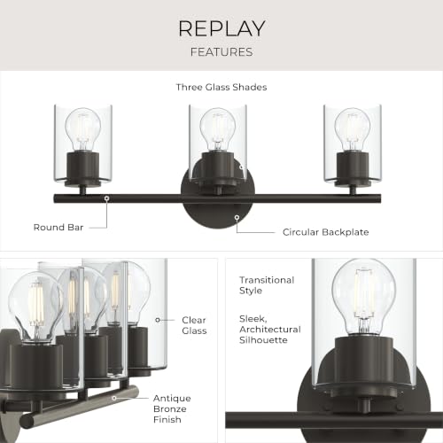 Image of Progress Lighting Replay 22 Inch 3-Light Vanity Light, Transitional, Antique Bronze with Clear Glass Shades, (7.875 inch H x 22 inch W x 6 inch D), P300583-020