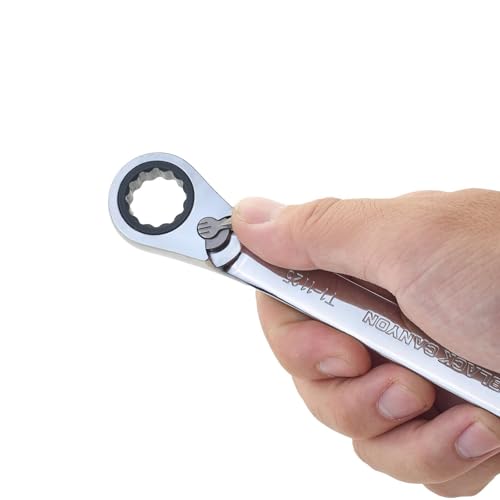 Image of BLACK CANYON 15 mm Ratchet Combination Wrench, 12-Point Box End & Hex Opening, Polished Steel Ratcheting Wrench with SAE & Metric Sizes