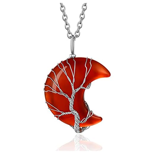 Bestyle Tree of Life Crescent Moon Necklace, Nature Red Agate Gemstones Healing Crystal Necklaces, January Birthstone Pendant for Women Grils, Statement Birthday Jewelry Gifts