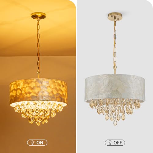 Pine Flicker 4-Lights Drum Capiz Shell Crystal Chandelier, Coastal Style Pendant Light Fixture for Dining Room, Living Room, D18 x H21~68 inch (Adjustable), Champagne Crystal & Gold Finish - Image 5