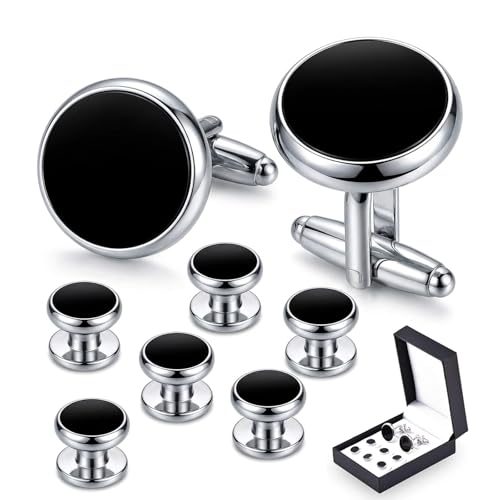 Zealmer 8pcs Tuxedo Shirts Studs and Cufflinks Set for Men Black