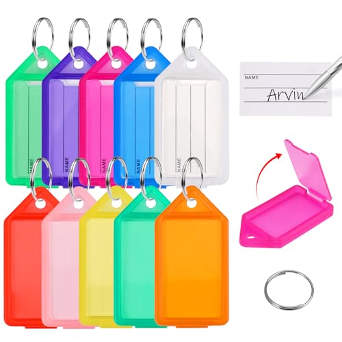 50 Pièces Porte-Clés en Plastique 5 cm, Robustes Inscriptible Porte Cle Etiquette Porte Clef Avec étiquettes Transparent en Papier Assorties ID pour Marquer...