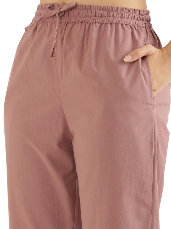 Image of SAADAA Cotton Straight Pants for Women | Breathable Everyday Wear Trousers | Drawstring, Deep Pockets & Elastic Waistband | Casual & Comfortable Fit