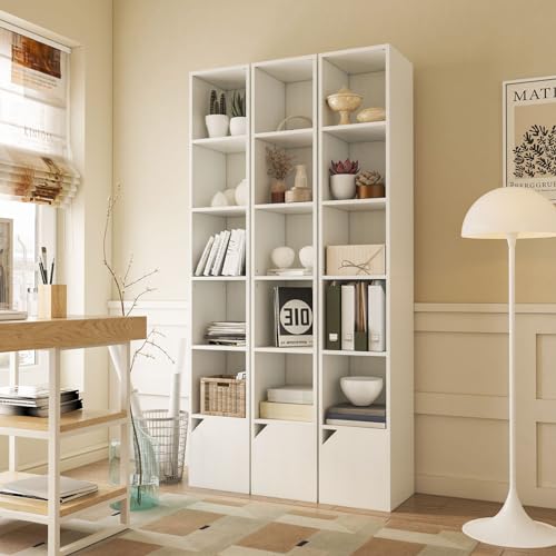 IBUYKE 6 Tier Narrow Bookcase with Doors, Cube CD DVD Storage Cabinet,Slim Media Tower Rack,Cabinet,White Bookcase Display Storage Shelves for Small Spaces,for Home Office White UWBC001W