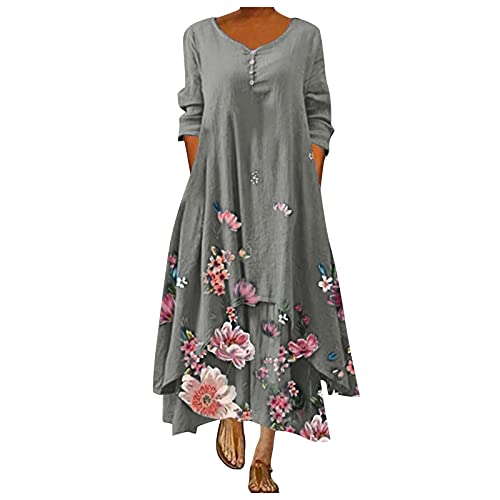 IQYU Vestido de lino para mujer, vestido vintage de verano, vestido de noche años 50, elegante para bodas, vestido de playa, tallas grandes, vestido de fiesta, vestido de verano de manga 3/4, vestido