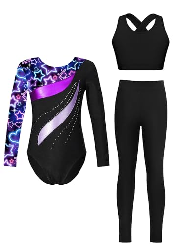 Miutii 3Pcs Mädchen Turnanzug Langarm Glitzer Gymnastikanzug Ballettanzug + Sport BH Tops + Hose Gymnastik Leotard Wettbewerb Tanzkostüm Sternenhimmel Schwarz 134-140 Miutii 3Pcs Mädchen Turnanzug Langarm Glitzer Gymnastikanzug Ballettanzug + Sport BH Tops + Hose Gymnastik Leotard Wettbewerb Tanzkostüm Sternenhimmel Schwarz 134-140