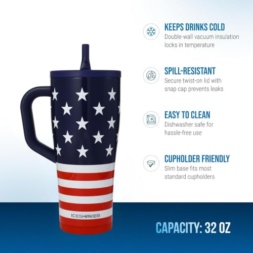 Image of Ice Shaker 32 oz Tumbler with Handle and Straw | 32oz Stars & Stripes | Cold for 30+ Hours | 2-in-1 Tumbler Shaker Bottle | Odor-Free 32 ounce Bottle for Water, Protein Shakes, Smoothies, Cocktails