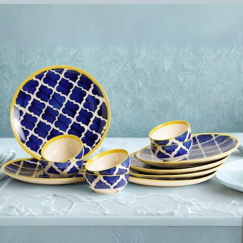 Image of Morrocan /Umrao Ceramic Plates for Dinner with Katoris (12 Pieces, 6 Bowl & 6 Plates, Dishwasher & Microwave Safe) -Dinner Sets -(Blue & Yellow)