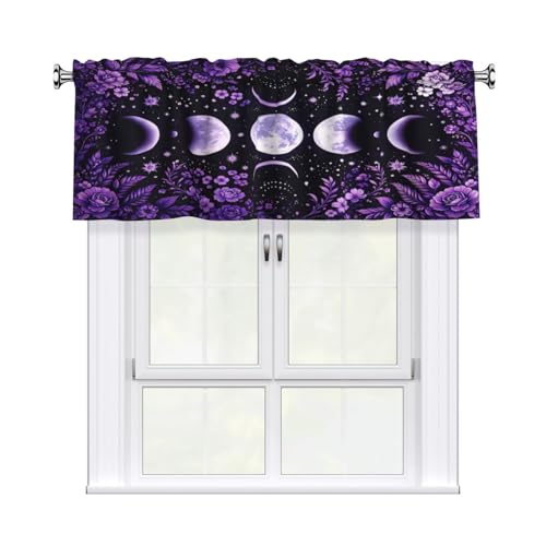 mutakin Moon Phase Valance Curtain for Kitchen Window Light Filtering Rod Pocket Small Short Valances for Living Room Bathroom 1 Panel 52x18 Inch