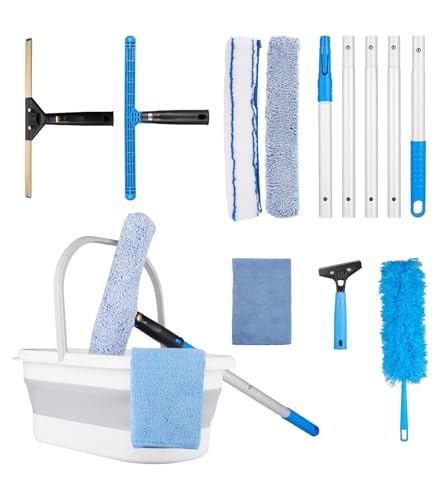 Image of Window Cleaning Kit, Swivel Squeegee & Scrubber with Extension Poles, Foldable Bucket, Blendable Duster, 2 Scrubber Pads & Cleaning Cloth, Glass Scraper Cleaning Tool Kit for Window Glass Mirror Car