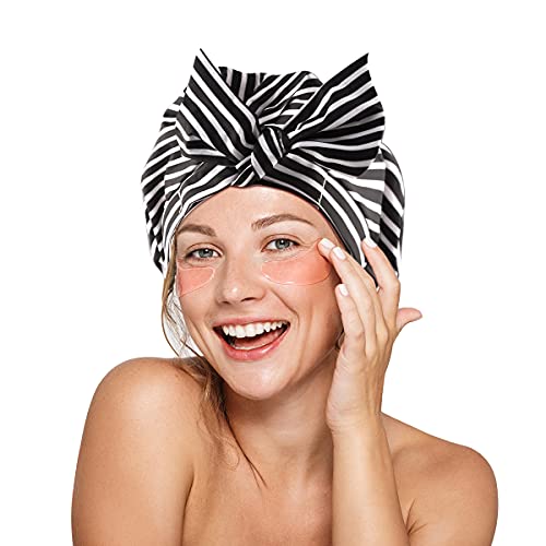 Leotruny Shower Cap Reusable Bow Bath Cap Waterproof for Women All Hair Lengths (C01-Striped)