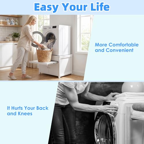 Image of Washer and Dryer Pedestal with Storage, 29 Inch, 23 Inch High | White metal stand with pull-out shelf, enclosed cabinet, drainage opening, 770 lb capacity, and required assembly.