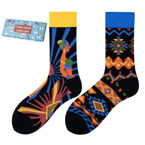 NxnChc Lustige Socken Für Damen Und Herren Unisex Viele Afrika Motive Tier Essen Obst Sport Kunst Aus Baumwolle Geschenk Asymmetrische Muster Links Und Rechts