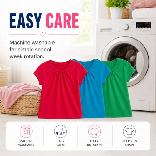 Image of Bienzoe Plain Solid Girls T-Shirts: School Basic Tee 3-Pack | Short Sleeve, Ages 4-13, PE, Recess, Outdoor Play, Soft Cotton Blend, Breathable Quick-Dry, Easy Care, Easy to Mix and Match