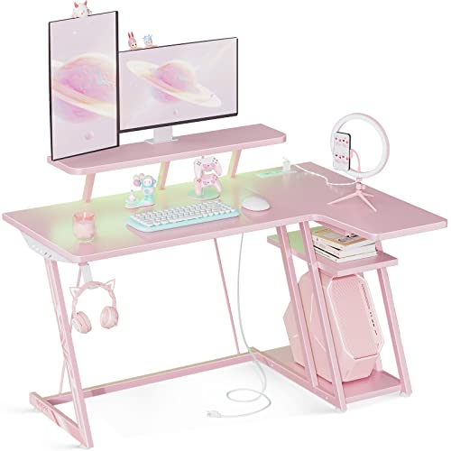 MOTPK Pink Gaming Desk L Shaped with LED Lights, Corner Gaming Computer Desk 47inch with Power Outlets, Gaming Table with PC Storage Shelf, Gamer Desk with Monitor Shelf, Carbon Fiber Texture MOTPK Pink Gaming Desk L Shaped with LED Lights, Corner Gaming Computer Desk 47inch with Power Outlets, Gaming Table with PC Storage Shelf, Gamer Desk with Monitor Shelf, Carbon Fiber Texture